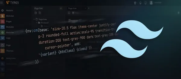 Tailwind Merge in TYPO3 Fluid mit CSS-Code und Tailwind Logo