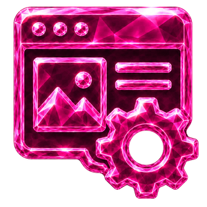 Neon-pinkes Kristall-Icon einer Medienoberfläche mit Zahnrad für individuell angepasste DAM-Prozesse Neon-pinkes Kristall-Icon einer Medienoberfläche mit Zahnrad für individuell angepasste DAM-Prozesse