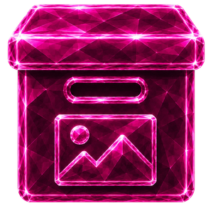 Neon-pinkes Kristall-Icon einer Medienbox mit Bildsymbol für wachsende digitale Medienbestände