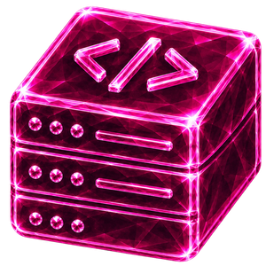 Neon-pinkes Kristall-Icon eines Serverblocks mit Code-Symbol für kontrollierbaren Open-Source-DAM-Betrieb