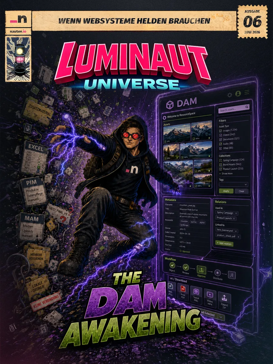 Comic-Motiv „The DAM Awakening“ mit Code Caster zwischen Datenchaos, Excel-Dateien und einer leuchtenden ResourceSpace-DAM-Oberfläche.