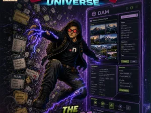 Comic-Motiv „The DAM Awakening“ mit Code Caster zwischen Datenchaos, Excel-Dateien und einer leuchtenden ResourceSpace-DAM-Oberfläche. Comic-Motiv „The DAM Awakening“ mit Code Caster zwischen Datenchaos, Excel-Dateien und einer leuchtenden ResourceSpace-DAM-Oberfläche.