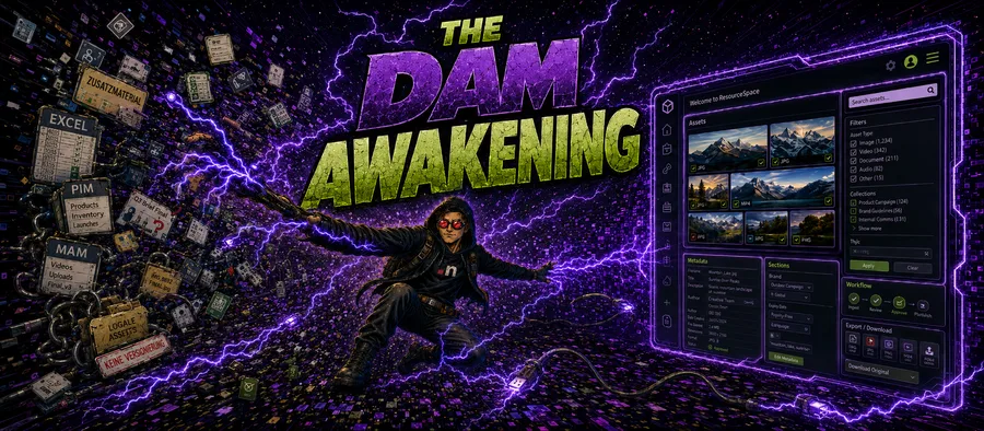 Comic-Motiv „The DAM Awakening“ mit Code Caster zwischen Datenchaos, Excel-Dateien und einer leuchtenden ResourceSpace-DAM-Oberfläche. Comic-Motiv „The DAM Awakening“ mit Code Caster zwischen Datenchaos, Excel-Dateien und einer leuchtenden ResourceSpace-DAM-Oberfläche.