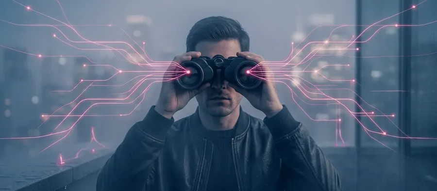 Fernglas mit Datenlinien als Symbol für B2B-Website-Tracking und bessere Sicht auf Nutzerverhalten Fernglas mit Datenlinien als Symbol für B2B-Website-Tracking und bessere Sicht auf Nutzerverhalten